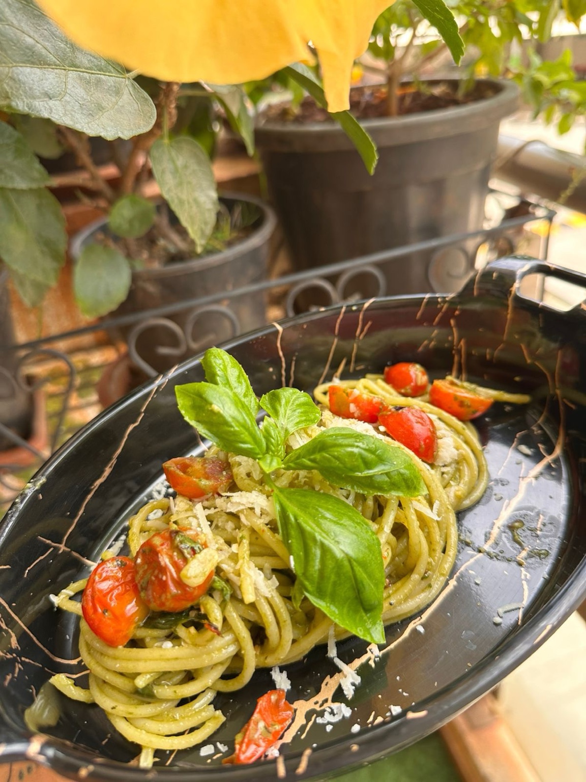 Fresh basil used in a meal